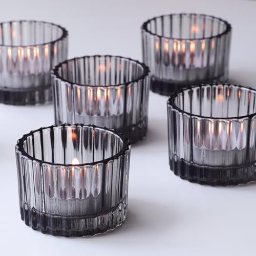 VOHO Grey Tealight Candle Holder Set of 12, Tea Light Candle Holder Glass | Classic Gray Votive Candle Holders for Table Centerpiece Home Decor, Glass Ribbed Candle Holders for Birthday Themed Party - color: Gray