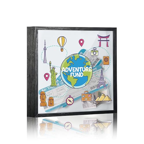 Travel Fund Box, 8×8 Adventure Fund Shadow Box Frame with Slot, Piggy Bank Money Saving Decoration for Graduation Baby Shower Wedding, Colorful Globle World Memory Keepsake Gift -A10 - size: 8×8 colorful globle world