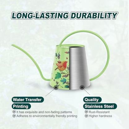 Berry&Bird 2L Long Spout Watering Can, Stainless Steel Water Can (Robin) | 2L stainless steel watering can, long narrow spout, elegant print, curved handle, leakproof, houseplant watering & decor - color: Robin