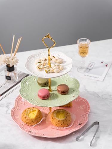 Jusalpha 3-Tier Multi Color Solid Ceramic Serving Stand (3 Color-Gold) | Adjustable Cake Stand-Dessert Stand-Cupcake Stand-Tea Party Serving Platter comes with a sugar tong - color: Gold
