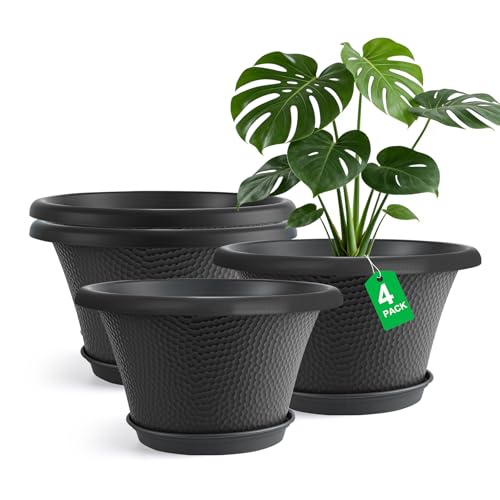 Quarut 12 Inch Pots for Plants,4 Pack Large Flower Pots with Drainage Hole | Modern Planters for Indoor Outdoor Plants,Decorative Resin Garden Pots with Saucer,Black - color: Diamond Pattern-black, size: 12 inch-4 Pack