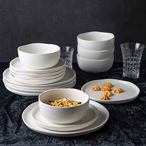 AmorArc Stoneware Dinnerware Sets for 4,12Pcs Ceramic Plates and Bowls Sets | Wavy Rim Shape Dishes Set, Dishwasher & Microwave & Oven Safe Dishware -Matte White - color: Matte White, size: Service for 4