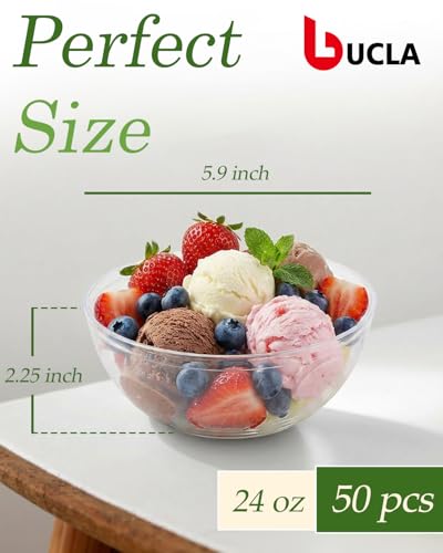 bUCLA 50 Pack Clear Plastic Serving Bowls - 24oz Disposable Salads, Cereal, Fruit, Dessert & Soup Bowls for Wedding & Party - color: Clear, size: 24oz