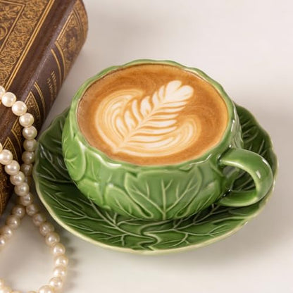 KAMMAK Tea Cups and Saucers Set of 2, 10 oz Porcelain Coffee Cups, SY008 | Stackable Espresso Mugs, Ceramic Demitasse for Coffee, Cappuccino, Latte, Americano, Tea - size: 8CZSY008