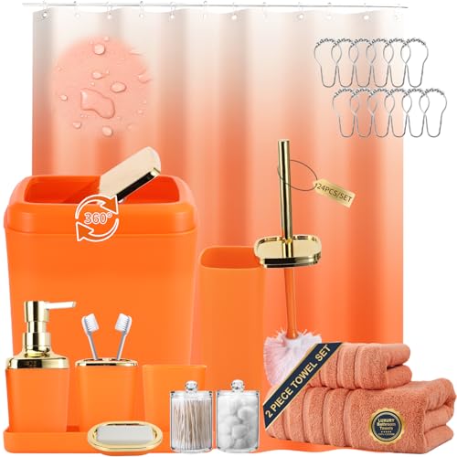 XLHOMO Orange Bathroom Accessories, 24 Pieces Orange and Gold Bathroom Accessories Set with Shower Curtain, Bath Towels, Trash Can, Soap Dispenser and Soap Dish for Bathroom/Housewarming - color: Orange and Gold, size: Bath Set+Shower Curtain+Towels