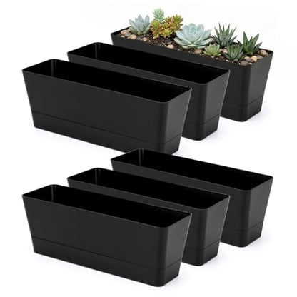 GREANER 6 Pack Herb Planters, 12x3.8 Inch Black Rectangle Window Boxes with Tray, Indoor Succulent Cactus Mint Plastic Pot for Windowsill, Balcony, Office, Outdoor Garden - size: 6Packs/12x3.8in-black