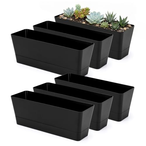 GREANER 6 Pack Herb Planters, 12x3.8 Inch Black Rectangle Window Boxes with Tray, Indoor Succulent Cactus Mint Plastic Pot for Windowsill, Balcony, Office, Outdoor Garden - size: 6Packs/12x3.8in-black
