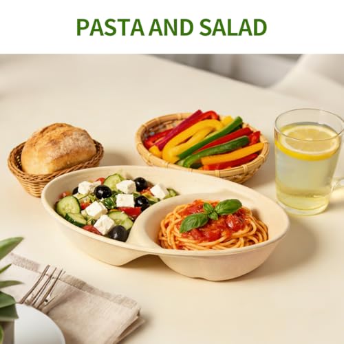 2 Compartment Bowls 100 Pack, Divided Disposable Chip and Dip Bowls | BPA Free Sugarcane Fiber Pulp Bowls, Compartment for Two Dishes, Serving Chips and Salsa, Snacks, Finger Foods - size: Compartment 9.3 x 6.5 x 1.6 inch
