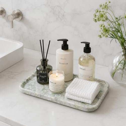Marble Vanity Tray,14" Large Stone Bathroom Tray Countertop,Deep Green | Unique Texture - color: Deep Bianco Palomino