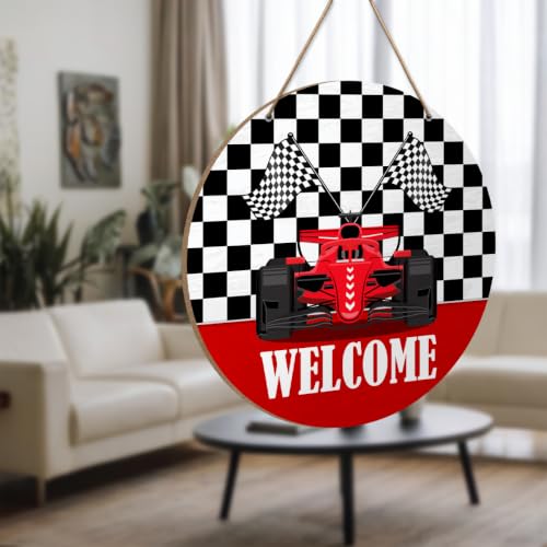 Welcome Race Car Black White Checkered Wood Hanging Sign Home Decor | Race Car Wooden Door Sign Decorations for Home Entryway Yard Porch
