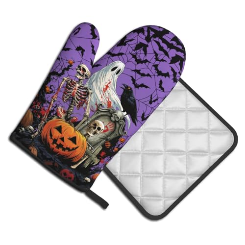 Giwawa Halloween Pumpkin Oven Mitts and Pot Holder Set of 2 Spooky Ghost Bat Heat Resistant Kitchen Gloves Hot Pad for Baking Cooking Grilling BBQ - color: Halloween Purple