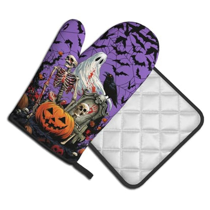 Giwawa Halloween Pumpkin Oven Mitts and Pot Holder Set of 2 Spooky Ghost Bat Heat Resistant Kitchen Gloves Hot Pad for Baking Cooking Grilling BBQ - color: Halloween Purple