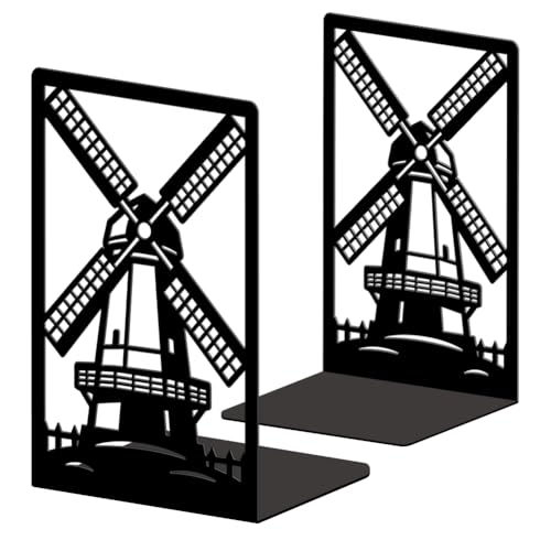 5.3"x4.3"x7.9" Metal Bookends, Heavy Duty Book Ends for Shelves | Dutch Windmill and Fence Theme Cast Iron Book Supports, 1 Pair Decor Stoppers for Desk, Library, Office & Home Shelves - style: Dutch Windmill and Fence