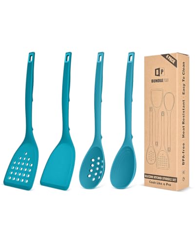 Pack of 4 Silicone Cooking Utensils Set, Non Stick Solid Spatulas and Heat Resistant Slotted Spoons with Back Hooks, Ideal BPA Free Kitchen Utensils Set for Frying,Serving,Turning,Stirring (BLUE) - color: Blue
