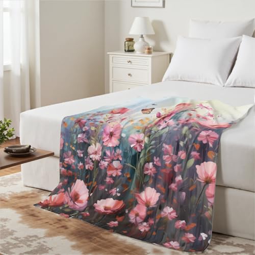 Watercolor Floral Throw Blanket Soft Warm Lightweight Botanical Pink Flowers with Butterfly Decor Oil Painting Style Home Farmhouse Bed Blankets for Chair Living Room Sofa Couch 50 x 60 Inch - color: Watercolor Flowers, size: 60 x 50 inches