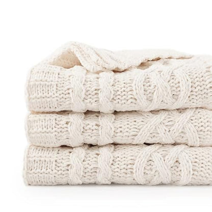 Battilo Cream White Ivory Throw Blanket for Couch, 51x 67 Inch, Woven Chenille Knit Throw Blanket for Chair, Super Soft Warm Decorative Textured Throw Blanket for Bed, Sofa and Living Room. | White Throw Blanket, Ivory Knit Blanket, Soft Woven Chenille Kn