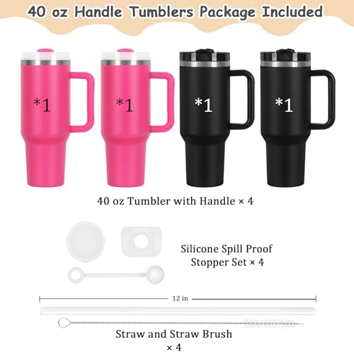 4 Pack 40 Oz Tumblers with Handle Bulk, Double Wall Vacuum Insulated Stainless Steel Tumblers with Lid and Straw, 40 oz Cup with Silicone Spill Proof Stopper Set (Black-2,Hot Pink-2) - color: Black-2,Hot Pink-2