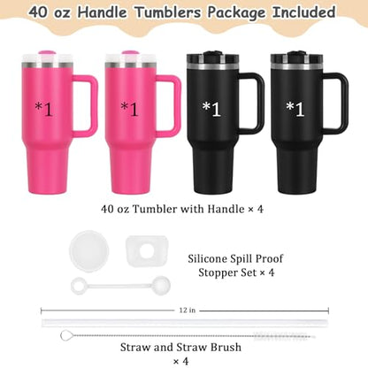 4 Pack 40 Oz Tumblers with Handle Bulk, Double Wall Vacuum Insulated Stainless Steel Tumblers with Lid and Straw, 40 oz Cup with Silicone Spill Proof Stopper Set (Black-2,Hot Pink-2) - color: Black-2,Hot Pink-2