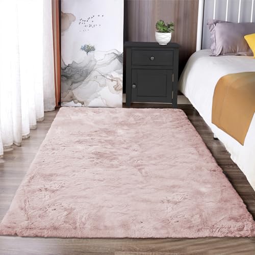 Latepis Fluffy Pink Carpet 3x5 Fuzzy Shag Rug Machine Washable Area Rugs for Living Room Non-Slip Faux Rabbit Fur Rug for Bedroom Kids Room Floor Dorm - color: Light Pink, size: 3' x 5' (Rectangular)