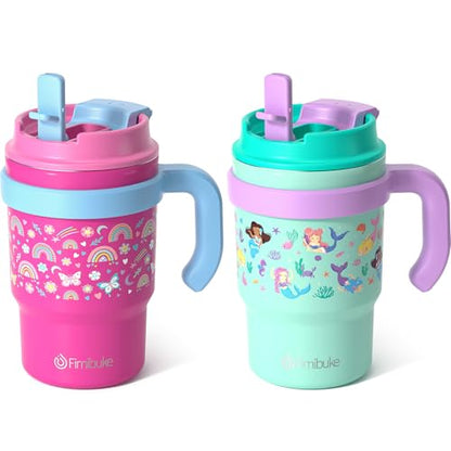 16oz Kids Insulated Tumbler w/Handle, 2 Pack Kids Toddler Water Bottle Cup | Leak-Proof Sip/Swig 2-in-1 Lids, BPA FREE 18/8 Stainless Steel Drinking Sippy Cup w/Straw Travel Mugs for Children Boys Girls - color: B3.Rainbow & Mermaid