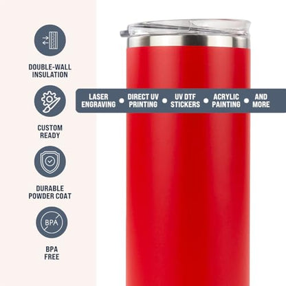 Hogg 20 oz Skinny - Red, Powder Coated Tumblers for Laser Engraving, Engravable Tumblers Bulk, Stainless Steel Cups Bulk, Insulated Cups with Lids - color: Red