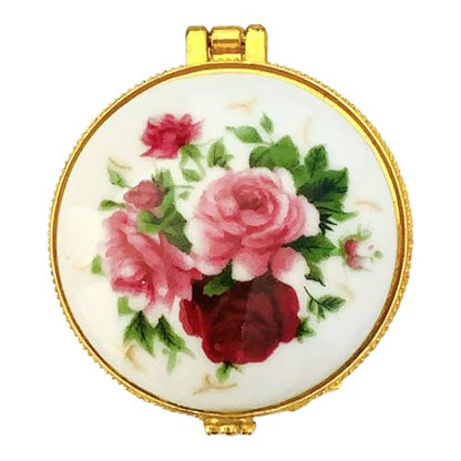 Tiny Round Porcelain Trinket Box | Pink Rose Bouquet | French Style Gift Box with Velvet Bag - style: Pink Rose Bouquet Round