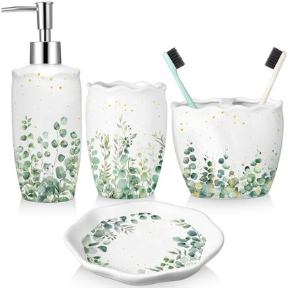 Sage Bathroom Accessories Set 4 Piece, Ceramic Soap Dispenser with Pump, Toothbrush Holder, Tumbler Cup & Soap Dish, Botanical Greenery Countertop Decor, White with Gold Speckles - style: Sage