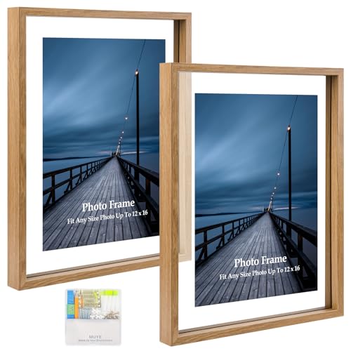 MUYE 12x16 Floating picture Frames Set of 2,Double Glass Frame,Display Any Size Photo up to 12x16,Wall Mount or Tabletop Standing,Natural - color: Natural, size: 12x16