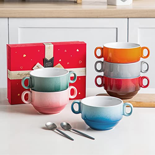LOVECASA Multi-Color 12 OZ Soup Bowls with Handles, Ceramic Small French Onion Soup Bowls, Mini Soup Mugs Serving Bowls for Kitchen, Microwave & Dishwasher Safe,Set of 6