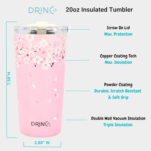 Drinco - 20 oz Stainless Steel Tumbler | Double Walled Vacuum Insulated Mug With Lid, 2 Straws, For Hot & Cold Drinks (20oz Sakura) - color: 20oz Sakura