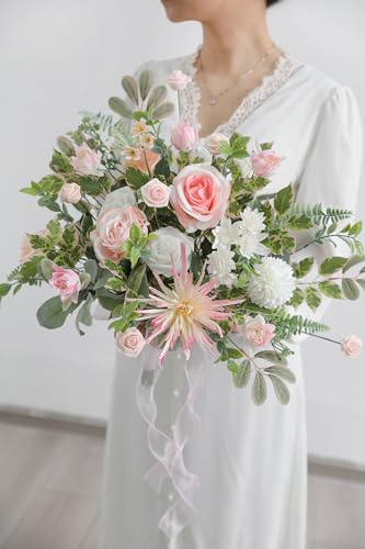 Serra Flora Artificial Greenery Spray Box Set(Pack of 48pcs) with 7 Kinds of DIY Wedding Bouquet Filler Table Centerpieces and Floral Arrangement - color: Fresh Green&light Pink