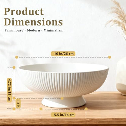 Gutedeal 10 Inch Large Decorative Bowl Handmade Ceramic Matte White Striped Decor Bowls, Spacious Fruit & Key Catch All Bowl for Kitchen Counter, Entryway, Centerpiece, Wedding - size: 10 Inch