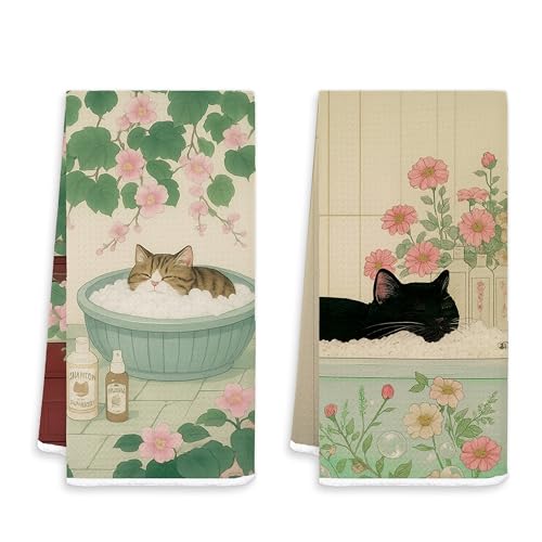 Japanese Cat Bathroom Hand Towels, Japanese Bathroom Decor, Vintage Aesthetic Floral Cat Decorative Hand Towels for Bath Room Washroom Restroom, 16x24 Inch Set of 2 - color: White-japanese Cat