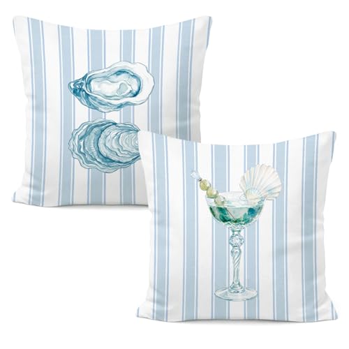 Coastal Beach Seashell Martini Pillow Covers 18x18, Trendy Preppy Blue and White Striped Beachy Decorative Pillow Covers for Home Bar Dorm Room Apartment, Set of 2 - color: White-seashell Martini
