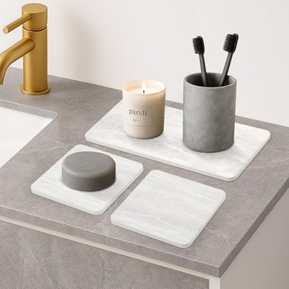 4 Pcs Water Absorbent Stone Dry Tray for Bathroom Sink Kitchen Counter Tray | Diatomite Stone Quick Drying Diatomaceous Earth Mat Soap Dispenser Dish Sponge Holder Ceramic Marble Bathroom Vanity Trays - color: Marble Light Gray