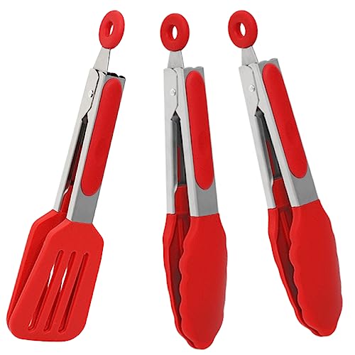 7 inch Small Serving Tongs with Silicone Tips 3 Pack(Red) | Stainless Steel Handle, Non-Scratch, Heat Resistant - color: Red, size: 7inch