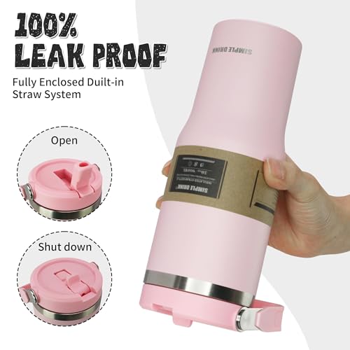 30oz Flip Straw Insulated Tumbler with Handle, Leak Proof Stainless Steel Water Bottle, Double Wall Vacuum Travel Coffee Mug for Cold Drinks, Gym Office Travel Essentials - color: Pink