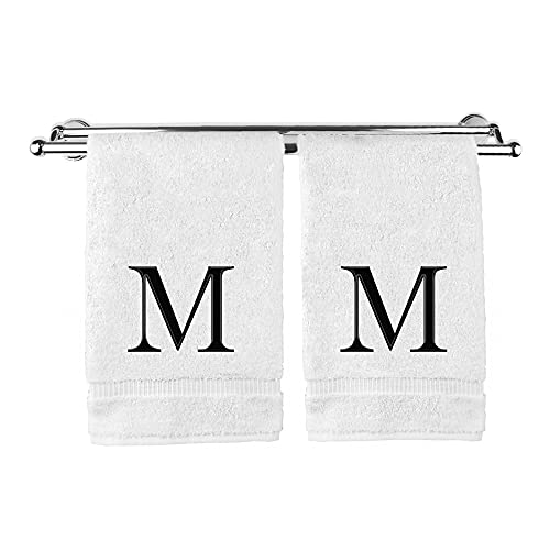 Monogrammed Hand Towel, Personalized Gift, Set of 2- Black Block Letter Embroidered Towel - Extra Absorbent 100% Turkish Cotton - Soft Terry Finish - Initial M White - color: White & Black, size: Initial M