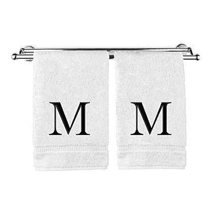 Monogrammed Hand Towel, Personalized Gift, Set of 2- Black Block Letter Embroidered Towel - Extra Absorbent 100% Turkish Cotton - Soft Terry Finish - Initial M White - color: White & Black, size: Initial M