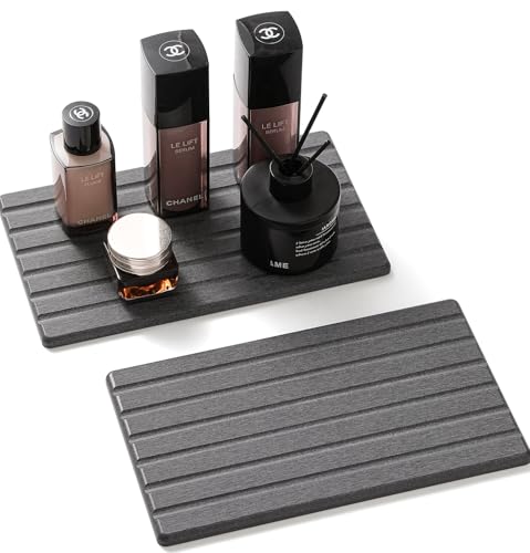 2PCS Water Absorbing Stone Drying Tray Mat for Bathroom Sink & Kitchen Counter Organizer, Quick Dry Dish Soap Dispenser Sponge Holder, Vanity Sink Caddy, Coaster, Dark Gray - 10" x 6" - color: 2pack-10"x 6" - Dark Gray