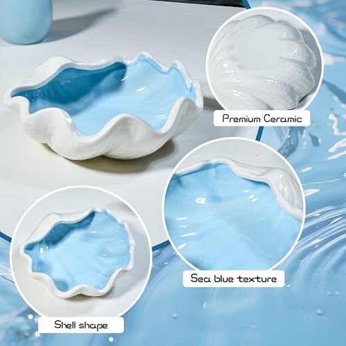 Seashell Ceramic Jewelry Trinket Tray, Blue White Decorative Ring Holder Dish for Rings Earrings Necklaces, Women’s Birthday Gift, Mother’s Day Present - style: Shell