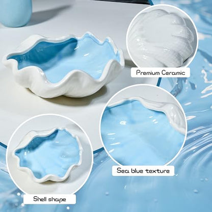 Seashell Ceramic Jewelry Trinket Tray, Blue White Decorative Ring Holder Dish for Rings Earrings Necklaces, Women’s Birthday Gift, Mother’s Day Present - style: Shell