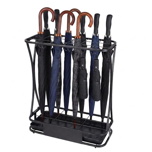 18 Slot Umbrella Stand with 10 Hooks – Heavy Duty Metal Indoor Umbrella Rack Holder with Removable Drip Tray – Large Commercial Entryway Organizer for Office, Lobby or Home - color: 18 Slots 10 Hooks, Black