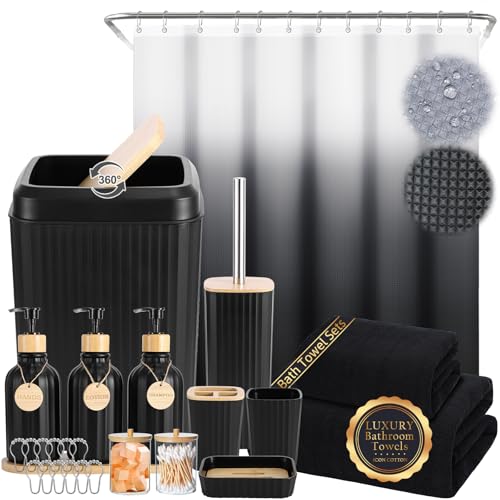 32PCS Bathroom Set Bathroom Accessories with Shower Curtain and Bath Towel,Trash Can,Bathroom Decor,Black Shower Curtain Set,Toilet Brush,Trash Can & 3PCS Soap Dispenser - size: Bath Set+Shower Curtain+Towel Set, style: Black