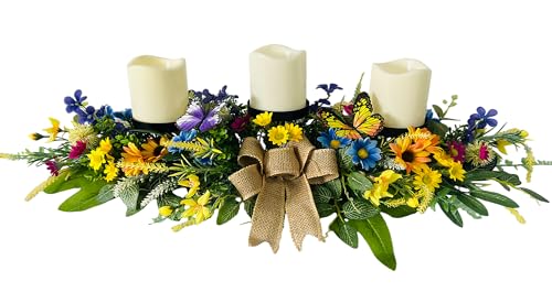 Svndlyn Floral Candle Holder Centerpiece with Butterflies and Wildflowers | Colorful Daisies, Sunflowers, Burlap Bow and Greenery for Table, Mantel and Spring Summer Decor