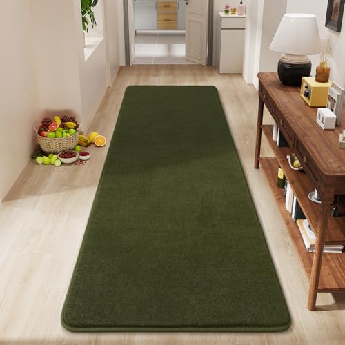 Modern Soft Hallway Runner Rug, 2x6 Olive Green Washable Runner Rug | Fluffy Bedroom Bedside Rugs, Indoor Non Slip Memory Foam Rug Carpet for Hallway Entrance Kitchen Living Room Decor - color: Olive Green, size: 2' x 6' (Runner)