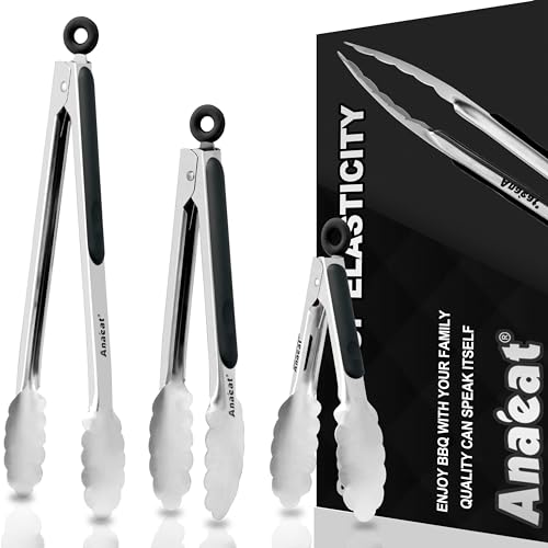 Anaeat Premium Kitchen Locking Tong Set of 3 - Heavy Duty Stainless Steel Food Tongs with Long Handle & Non-Slip Silicone Grip for Cooking, Baking, Grilling - Heat Resistant up to 480°F - color: 3 Pcs Stainless Steel - Black, size: 7+9+12 Inch