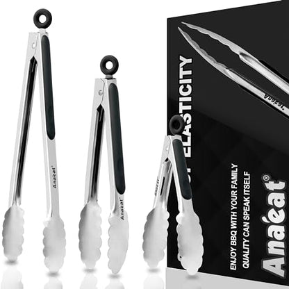 Anaeat Premium Kitchen Locking Tong Set of 3 - Heavy Duty Stainless Steel Food Tongs with Long Handle & Non-Slip Silicone Grip for Cooking, Baking, Grilling - Heat Resistant up to 480°F - color: 3 Pcs Stainless Steel - Black, size: 7+9+12 Inch