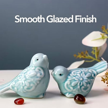 Ceramic Green Bird Figurines Set of 2, Hand-Painted Decorative Bird Statues for Shelves Cabinet Home Office Decor
