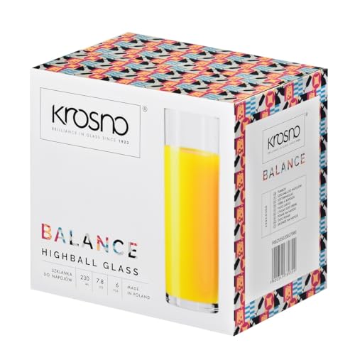 Krosno Tall Drinking Glasses Set of 6 – 6.8 oz Highball Glasses for Water, Juice & Drinks, Clear Glassware, Balance Collection, Elegant Everyday Tumblers, Dishwasher Safe, Made in Europe